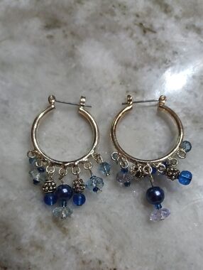 Silver Tone Hoop Earrings with Blue Bead Charms